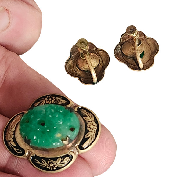 Vtg 1940s Peking Glass Faux Jade Gold Filled Pin Brooch & Screwback Earring Set - Picture 4 of 5